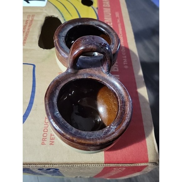 2 Tone Brown Beige Pottery Double Condiment Dish Vintage 6x3in Grannycore - Picture 4 of 8